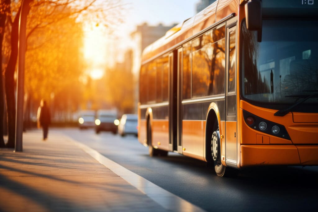 A detailed image of an electric bus at a city bus stop, blurred